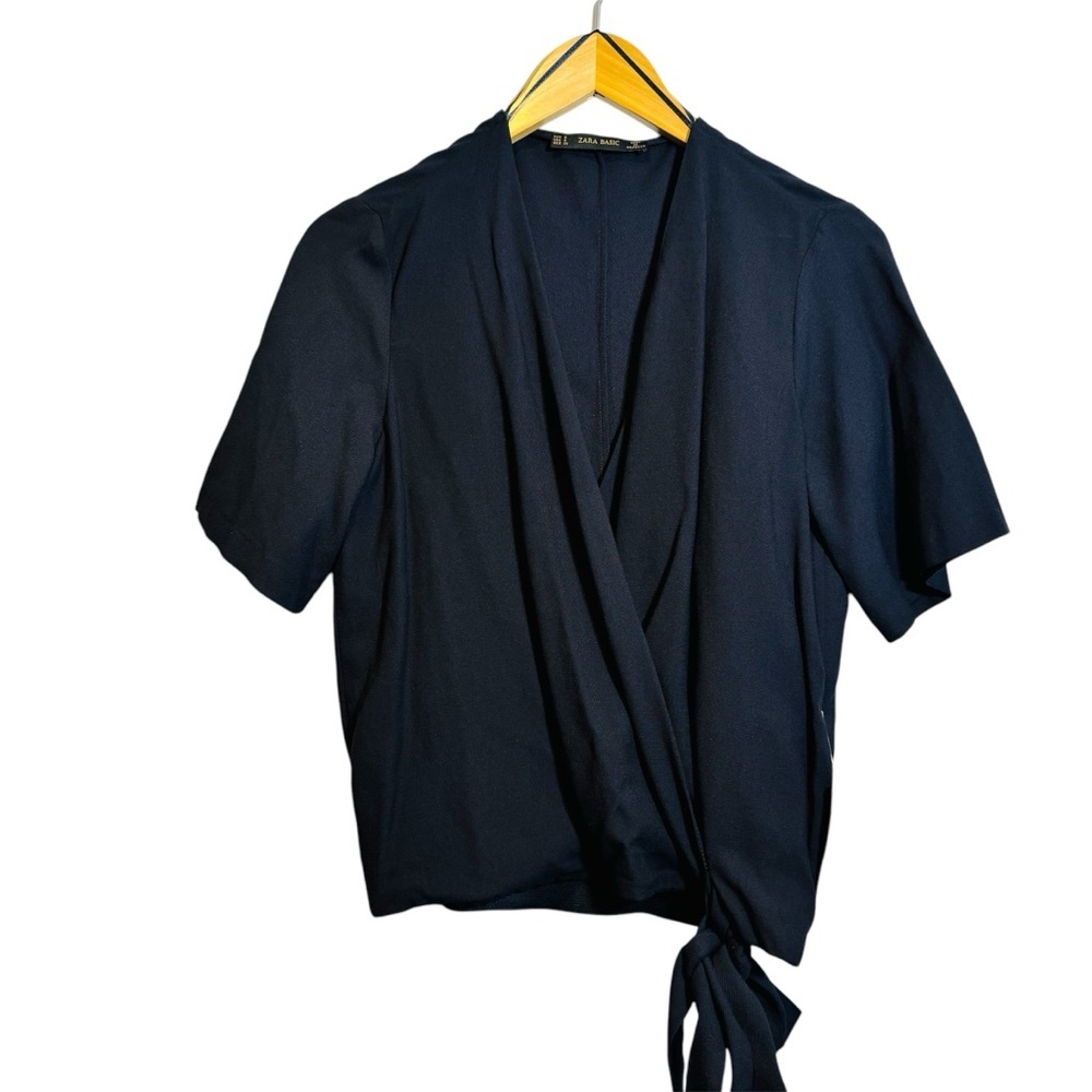 NWT Zara Basic Navy Wrap Short Sleeve Faux Wrap Blouse Small‎